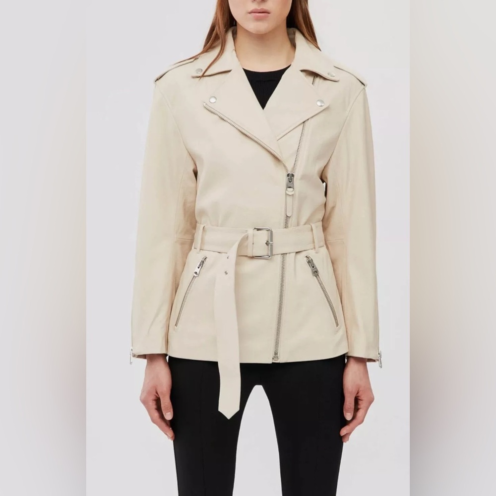$1290 Mackage Womens SABINA Leather Biker Jacket with Cinch Belt  Cream